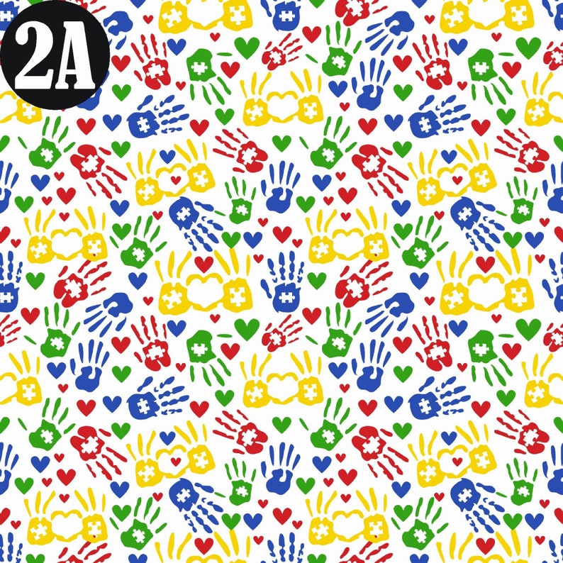 May include: A seamless pattern featuring colorful handprints, puzzle pieces, and hearts. The handprints are in blue, red, green, and yellow. The puzzle pieces are yellow with a white center. The hearts are red. The background is white.