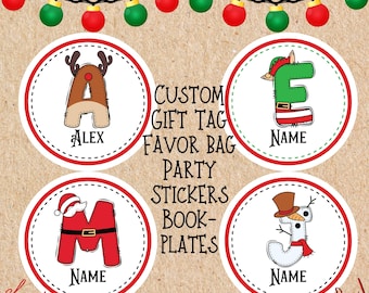 Personalized Christmas Name Stickers, Kids Holiday Stickers, Christmas Party Favor Labels, Custom Initial Stickers, Holiday Gift Tag Sticker