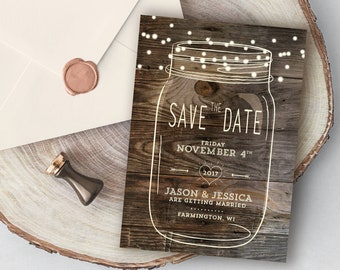 Mason Jar Save the Date, Rustic Save the date, Country save the date, Woodland Wedding, Design with Barnwood