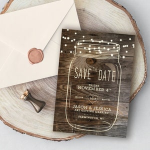 Rustic Mason Jar Save the Date: Barnwood Wedding
