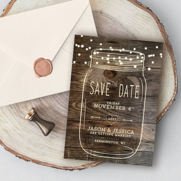 Mason Jar Save the Date, Rustic Save the date, Country save the date, Woodland Wedding, Design with Barnwood