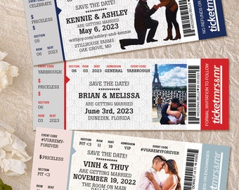 May include: Three wedding ticket invitations with photos of couples. The top ticket is blue and white with the text "KENNIE & ASHLEY" and the date "May 6, 2023". The middle ticket is red and white with the text "BRIAN & MELISSA" and the date "June 3rd, 2023". The bottom ticket is pink and blue with the text "VINH & THUY" and the date "NOVEMBER 19, 2022".