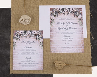 Winter Loft Wedding Invitation, Wood or Brick with Blush and Navy Florals, Snowy Evergreen, Eucalyptus and Pinecones: Digital or Printed