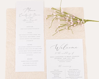 Shimmery Champagne Wedding Program and Menu - Simple but Elegant Design with Flowing Calligraphy Type on Pearlized Paper