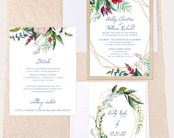 May include: Wedding invitation suite with a floral design and gold geometric accents. The invitation features a watercolor illustration of pink and red flowers, green leaves, and gold geometric shapes. The RSVP card features a similar floral design with a gold geometric frame and the text "Kindly Reply by 10.31.20".