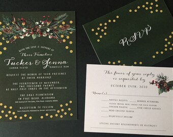 Winter Forest Green  and Gold Wedding Invitation, Snowy Evergreen, Eucalyptus and Pinecones with Berries: Digital or Printed Invitations