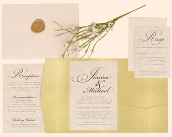 Gold Pearlized Shimmer Wedding Invitation with Swirl Design and Pocket folder Enclosure, 6 piece set includes blank envelopes