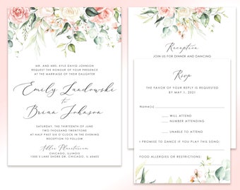 May include: Wedding invitation suite featuring floral watercolor designs in pink and green. The invitation includes the names Emily Landowski and Brian Johnson, with event details. RSVP and reception cards are also included.