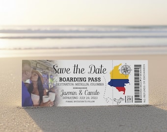 May include: A rectangular "Save the Date" boarding pass design with a photo of a couple kissing. The pass includes the destination Medellin, Colombia, and the date July 29, 2023. A map of Colombia is also featured.