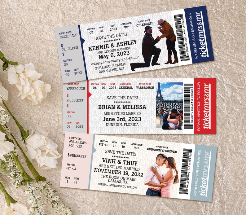 May include: Three wedding ticket invitations with photos of couples. The top ticket is blue and white with the text "KENNIE & ASHLEY" and the date "May 6, 2023". The middle ticket is red and white with the text "BRIAN & MELISSA" and the date "June 3rd, 2023". The bottom ticket is pink and blue with the text "VINH & THUY" and the date "NOVEMBER 19, 2022".