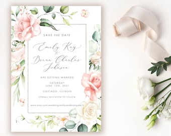 May include: Save the date card with a floral design featuring pink and white roses, green leaves, and gold accents. The text reads "Save the Date Emily Kay to Brian Charles Johnson Are Getting Married Saturday June 13th, 2021 Chicago, Illinois Formal Invitation to Follow www.zola.com/wedding/emilyandbrianjune13"