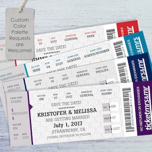 May include: A set of five wedding save the date tickets with a white background and a decorative pattern. The tickets are stacked on top of each other and have a purple, blue, and red color scheme. The text on the tickets reads "Save the Date!" and "Kristofer & Melissa are getting married July 1, 2017 Strawberry, CA Formal Invitation to Follow".