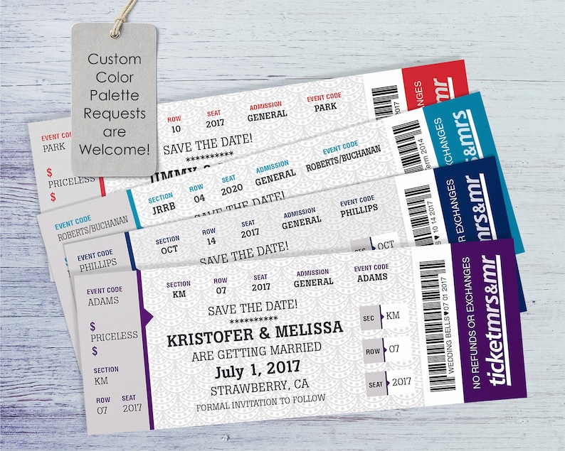 May include: A set of five wedding save the date tickets with a white background and a decorative pattern. The tickets are stacked on top of each other and have a purple, blue, and red color scheme. The text on the tickets reads "Save the Date!" and "Kristofer & Melissa are getting married July 1, 2017 Strawberry, CA Formal Invitation to Follow".