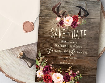 Antlers Save the Date Cards With Rustic Wood and Fall Colors, With Envelopes, Available also as a Printable Digital File