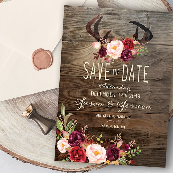 Antlers Save the Date Cards With Rustic Wood and Fall Colors, With Envelopes, Available also as a Printable Digital File