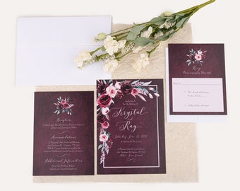 Burgundy Wedding Invitation Suite with Free Envelopes: Burgundy and Blush Flowers Swag over Blush Frame