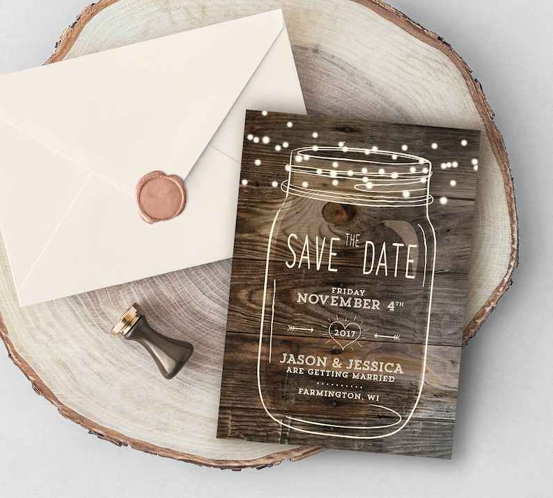 Mason Jar Save the Date, Rustic Save the date, Country save the date, Woodland Wedding, Design with Barnwood image 1