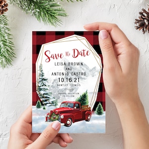 Christmas Save the Date Magnet: Red Ford Truck Winter Wedding