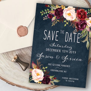 Navy Blue Fall Save The Date Cards: With Red and Blush Flowers, Burgundy flowers