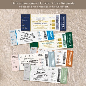 May include: Five colorful ticket-style save the date cards with different color schemes. Each card features a couple's names, the date of their wedding, and the text "Save the Date!" in a bold font.