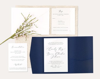 Navy Pearlized Shimmer Wedding Invitation Suite with Pocket folder Enclosure and Modern Minimal Calligraphy, 6 piece set includes envelopes