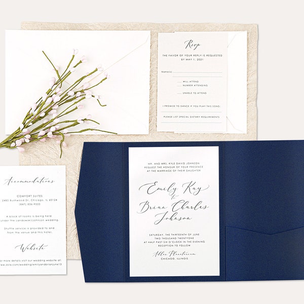 Navy Pearlized Shimmer Wedding Invitation Suite with Pocket folder Enclosure and Modern Minimal Calligraphy, 6 piece set includes envelopes