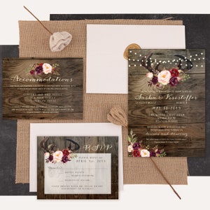 Antlers and Fall Florals with Barn Wood Wedding Invitation Set, With Envelopes, Printable Digital Files or Printed and Shipped