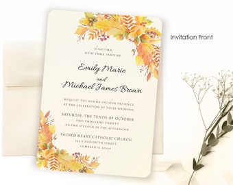 Fall Leaves Wedding Invitation, Simple 1 Card Design, 2-sided with Autumn Leaf Bouquets and Details on Back