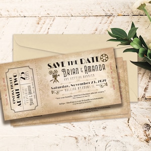 Vintage Movie Ticket Save the Date: Cinema Theme, Envelopes Included