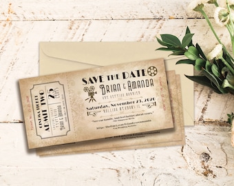 May include: A vintage-style save the date card designed to look like a movie ticket. The card is tan with brown and black text. The text reads "Save the Date Brian & Amanda Are Getting Married Saturday, November 23, 2020 Rolling Meadows IL "See our family. And feel better about yours." The Simptomerie http://Thefact.com TriantovesAmanda Our Wedding Website"