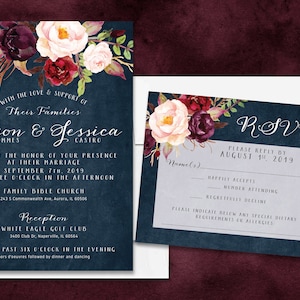 Navy Burgundy Flowers Wedding Invitation Set with Optional Detail Card Addition, With Envelopes