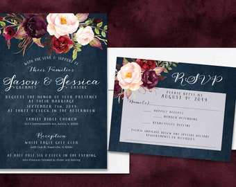 May include: A wedding invitation with a navy blue background and floral design. The invitation features a watercolor floral design with burgundy and pink flowers. The text on the invitation reads "With the love and support of their families, Jason & Jessica, request the honor of your presence at their marriage, September 7th, 2019, at three o'clock in the afternoon, Family Bible Church, 243 S Commonwealth Ave, Aurora, IL 60506, Reception, White Eagle Golf Club, 3400 Club Dr. Naperville, 60564, at half past six o'clock in the evening, hors d'oeuvres followed by dinner and dancing". The RSVP card has a navy blue background with a floral design and the text "RSVP, Please reply by August 1st, 2019, Name(s), Happily accepts, Number attending, Regretfully decline, Please indicate below any special dietary requirements or allergies".