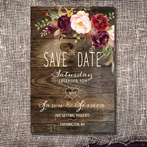 Save-The-Date Magnet: Rustic Wood and Burgundy / Plum and Blush Flowers