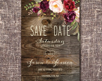 May include: Save the date wedding announcement with a rustic wood background and floral design. The announcement says "Save the Date" with the date "Saturday, December 12th, 2019" and the names "Jason & Jessica" with the text "Are getting married" and "Farmington, WI".