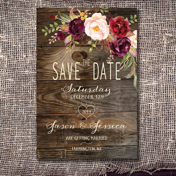 Save-The-Date Magnet: Rustic Wood and Burgundy / Plum and Blush Flowers