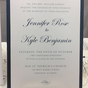 Navy Wedding Invitation Suite, Elegant Script with Modern Minimal Background