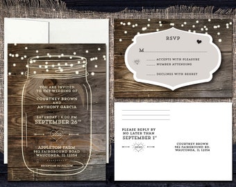 Mason Jar Wedding Invitation Set: Rustic Barn String Lights, RSVP Postcard