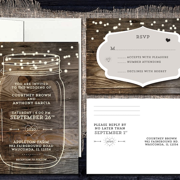 Mason Jar Wedding Invitation Set, Postcard Rsvp, Printed, Wood and String Lights, Country Rustic Barn Farmhouse Style, With Envelopes