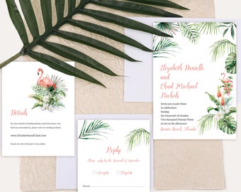Destination Wedding Invitation Set, Flamingo Palm Beach Theme, With Envelopes, Printable Digital Files or Printed and Shipped