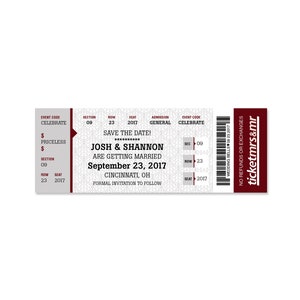 May include: A wedding save the date ticket with a red and white design. The ticket says "Save the Date!" and "Josh & Shannon are getting married September 23, 2017 Cincinnati, OH".