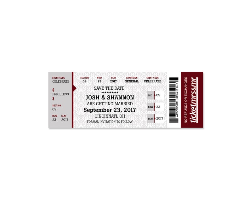 May include: A wedding save the date ticket with a red and white design. The ticket says "Save the Date!" and "Josh & Shannon are getting married September 23, 2017 Cincinnati, OH".