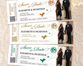 May include: Save the date announcement for a wedding with a travel theme. The announcement is in the form of a boarding pass with a photo of the couple, the date, and the destination: Moon Palace The Grand, Cancun, Mexico.