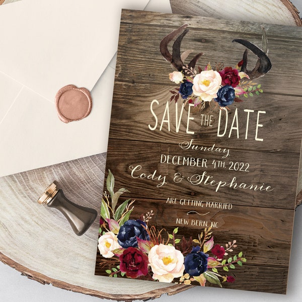 Save-The-Date Magnet: Rustic Antlers on Wood With Navy and Cream