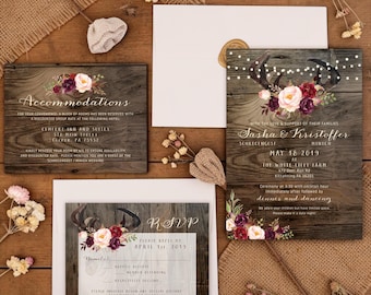 Antlers & Fall Floral Wedding Invitation Set: Rustic Barn Wood