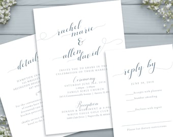 May include: Wedding invitation suite with white cardstock and blue calligraphy. The invitation includes the names "Rachel Marie & Allen David", the date "June 24, 2018", and the location of the ceremony and reception. The RSVP card includes the date "June 30, 2018" and options to accept, decline, or list dietary restrictions.