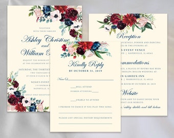 Fall Jewel Tone Floral Wedding Invitation Set with Envelopes: Navy Burgundy and Blush printed on Natural Cream premium paper stock