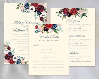 May include: Wedding invitation suite featuring a cream background with floral accents in burgundy, navy, and blush. The suite includes an invitation, RSVP card, and reception details card. The text is in a dark navy script font.