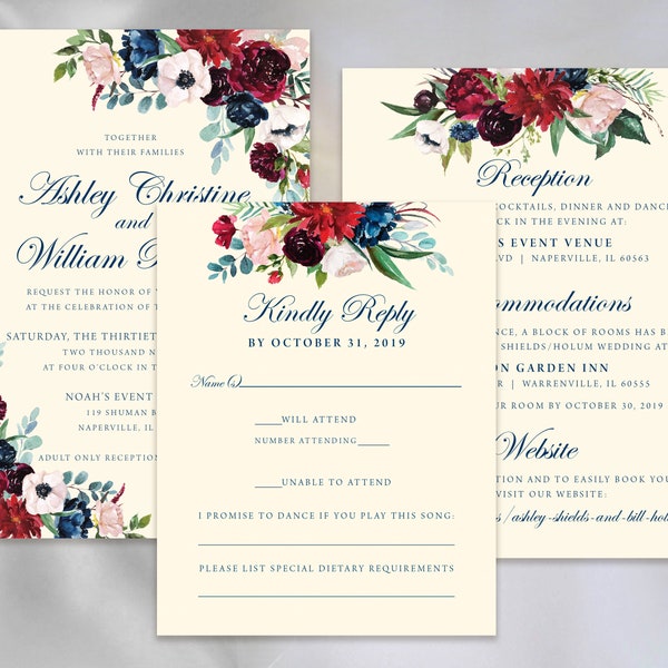 Fall Jewel Tone Floral Wedding Invitation Set with Envelopes: Navy Burgundy and Blush printed on Natural Cream premium paper stock