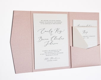 Rose Gold Pearlized Shimmer Wedding Invitation with Pocket folder Enclosure and Modern Minimal Script, 6 piece set includes blank envelopes