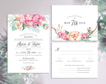 Floral Wedding Invitation Set: Pink Hydrangea & Peonies